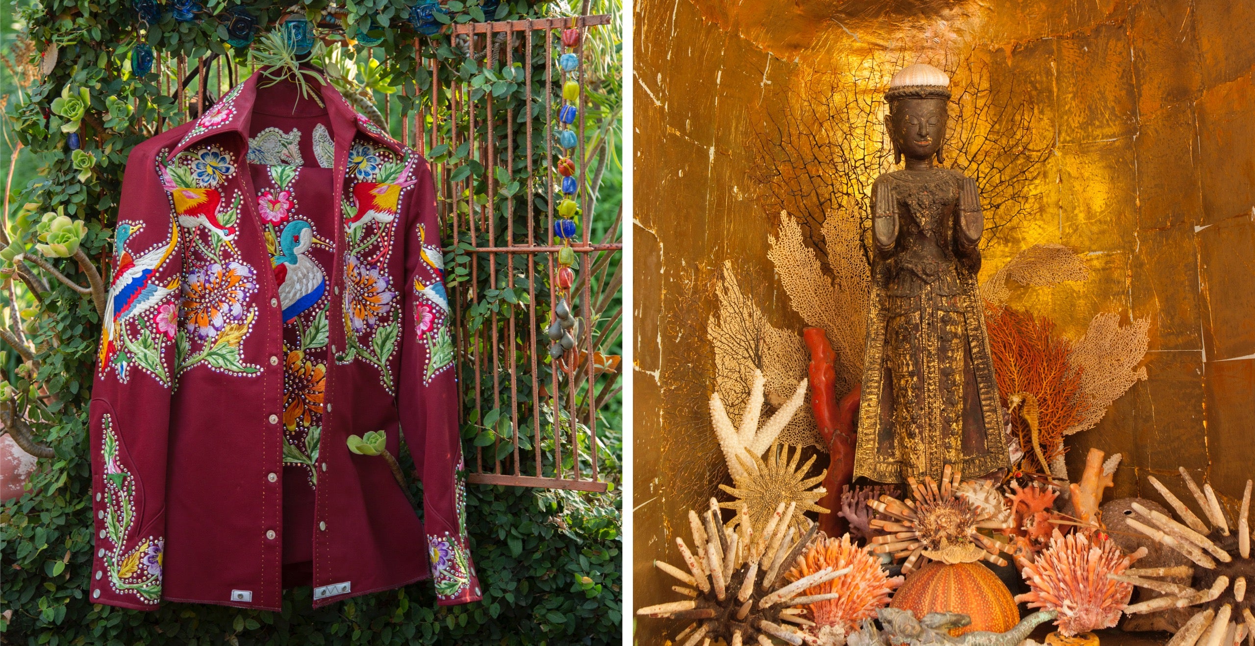 Von links nach rechts: Eines von Lisa Eisners Rodeohemden &ndash; inspiriert von ihrer Heimat Wyoming &ndash; wurde von den legend&auml;ren Schneidern Nudie of Nudie&rsquo;s Rodeo Tailors of Hollywood entworfen; Ein filigraner alter Buddha von Eisner in einem goldenen Blattboot, der eine Geste des Friedens und Schutzes macht, scheint unter Wasser zu leben und ist von Algen, Korallen und exotischen Muscheln umgeben