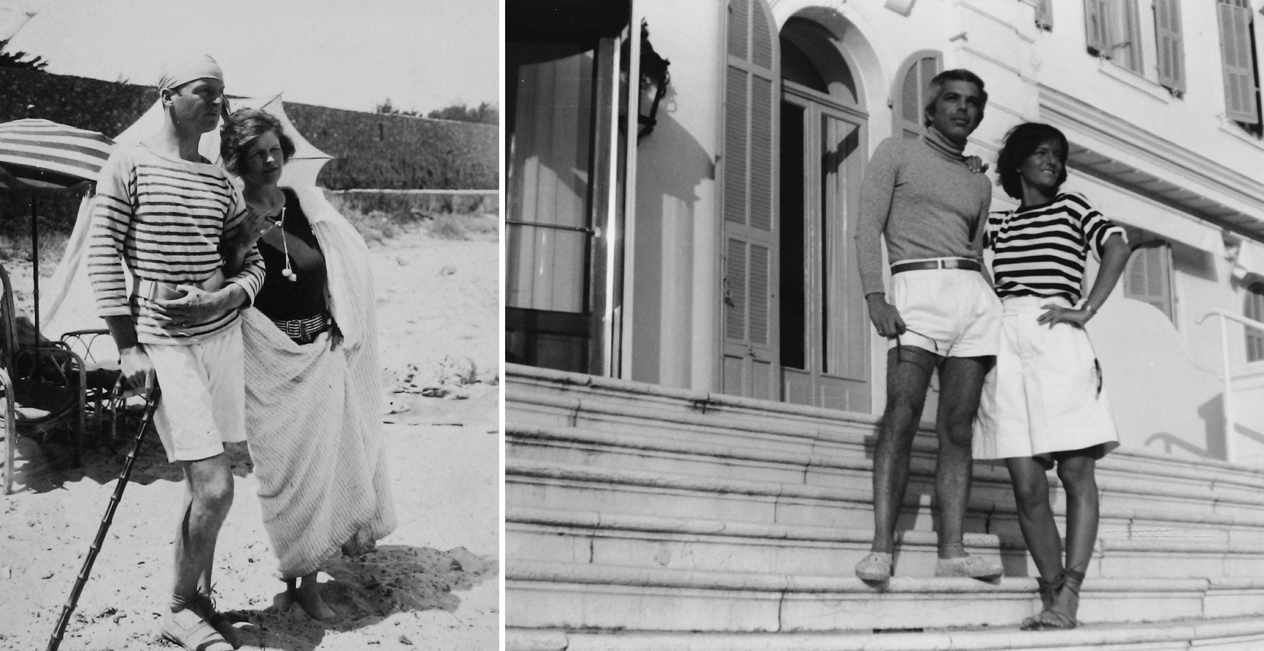  Gerald und Sara Murphy am Strand Cap d&rsquo;Antibes, 1923; Ralph Lauren und Buffy Birrittella auf den Spuren von Sara und Gerald auf der Treppe des Hotel du Cap-Eden-Roc, 1977 