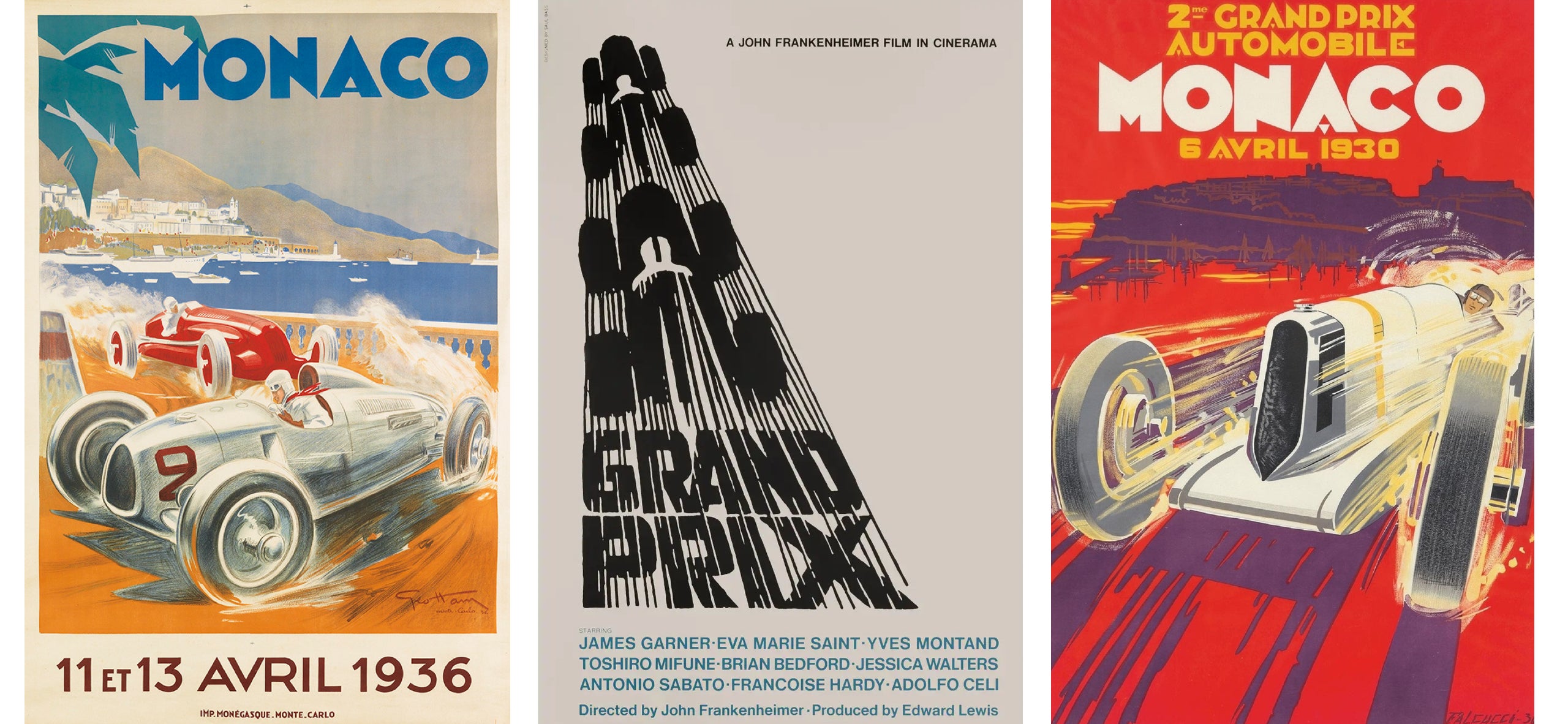 <div class="10-col-caption"><span><strong>SELTENE FUNDST&Uuml;CKE</strong></span><br/><span>Von links: Ham zeigt den Kampf zwischen einem Auto Union GL und einem Alfa Romeo; Bass zieht f&uuml;r das Filmplakat zu <em>Grand Prix</em> die Abstraktion dem Art-d&eacute;co-Stil vor; Falcucci f&auml;ngt ein Duell zwischen Tag und Nacht ein. </span><br/><span class="caption-sub"><em>Plakat aus der Art-d&eacute;co-&Auml;ra mit freundlicher Genehmigung von Tomkinson Churcher. </em> </span><br/></div>