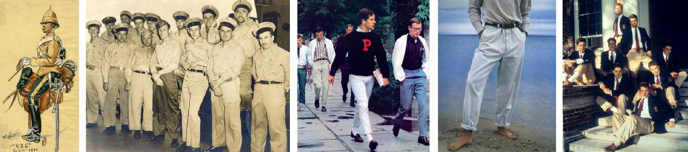                             (Von links nach rechts) Im 19. Jahrhundert begannen britische Truppen in Indien, Khaki zu tragen; US-Küstenwache in den 1940er Jahren; Aufnahmen von Princeton-Studenten aus Teruyoshi Hayashidas einflussreichem Fotobuch <em>Take Ivy</em> von 1965; ein Bild aus der Frühjahrskollektion 1991 von Polo Ralph Lauren; Brendan Fraser, Ben Affleck, Matt Damon und andere in dem Film <em>Der Außenseiter</em> von 1992 – gekleidet in Khaki