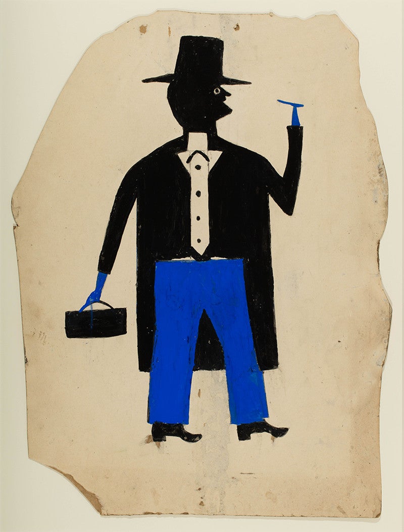 <em>Mann in Schwarz und Blau mit Zigarre und Koffer</em>, von Bill Traylor, ca. 1939&ndash;1942, Bleistift und Posterfarbe auf Pappe. Sammlung von Jerry und Susan Lauren. Foto: Matt Flynn &copy; Smithsonian Institution
