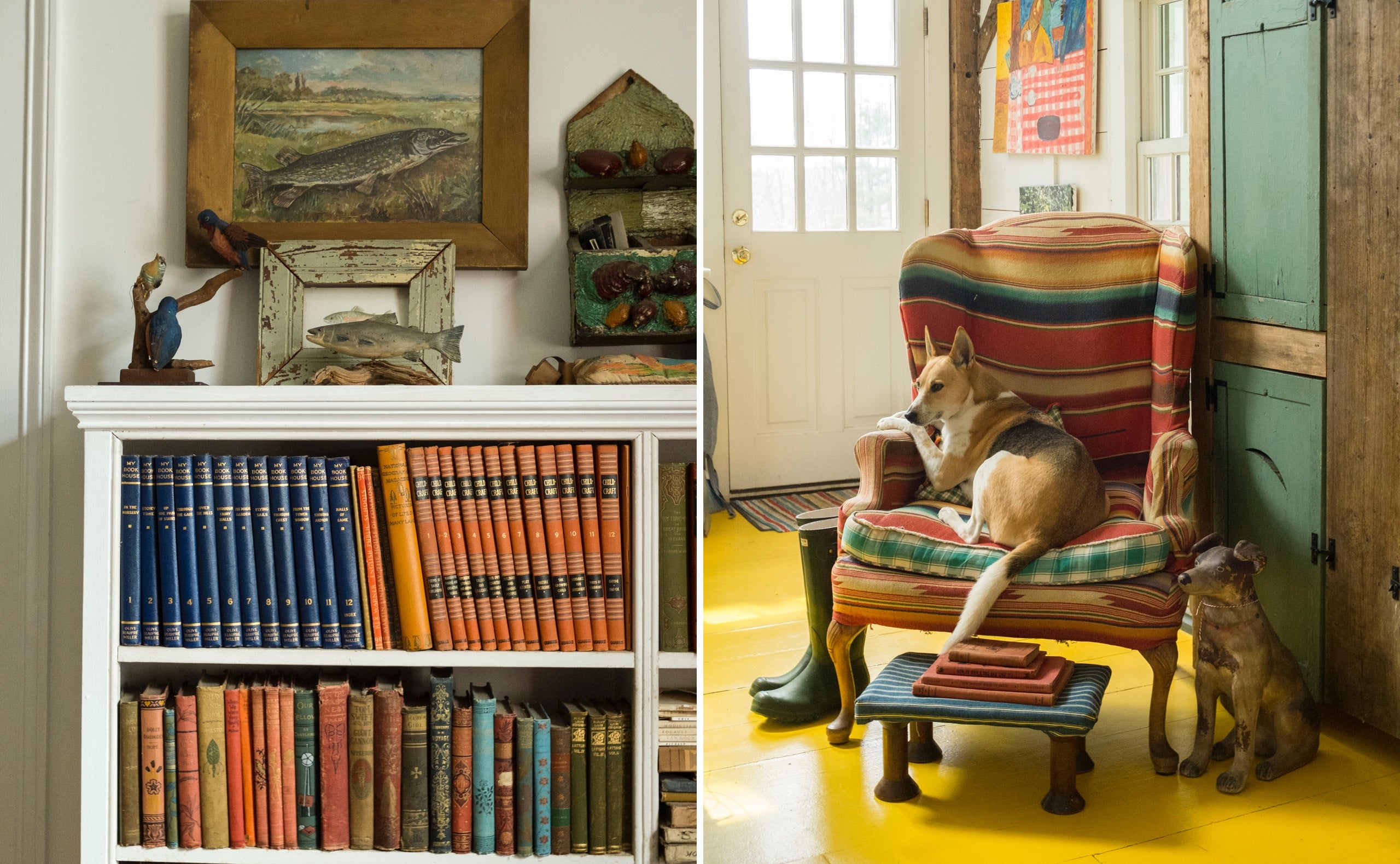 Links: B&uuml;cher geben einem Zuhause gem&uuml;tliche W&auml;rme, sowohl ordentlich in Regal aufgestellt als auch in kleinen Stapeln im ganzen Hause verteilt. Rechts: Ein mit einem Sarapestoff von Ralph Lauren bezogener Stuhl vom Flohmarkt auf einem sonnig gelb gestrichenen Fu&szlig;boden