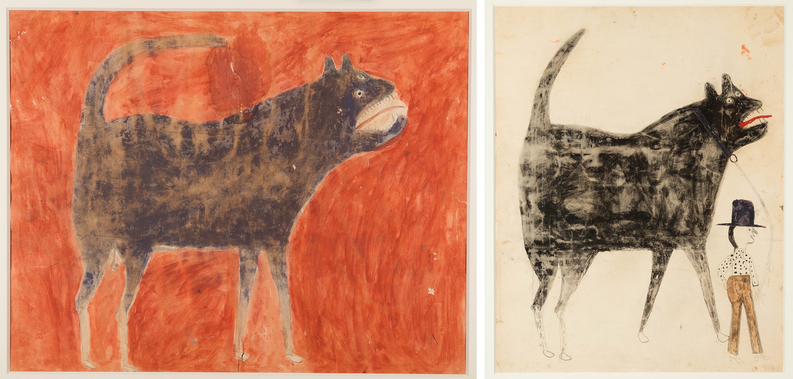 (Links) <em>B&ouml;ser Hund (R&uuml;ckseite: Mann mit Maultier)</em>, von Bill Traylor, ca. 1939&ndash;1942, Posterfarbe und Bleistift auf Pappe. Sammlung von Jerry und Susan Lauren. Foto: Matt Flynn &copy; Smithsonian Institution. (Rechts) <em>Mann und gro&szlig;er Hund (R&uuml;ckseite: Mann und Frau)</em>, von Bill Traylor, ca. 1939&ndash;1942, Posterfarbe und Bleistift auf Pappe. Sammlung von Jerry und Susan Lauren. Foto: Matt Flynn &copy; Smithsonian Institution