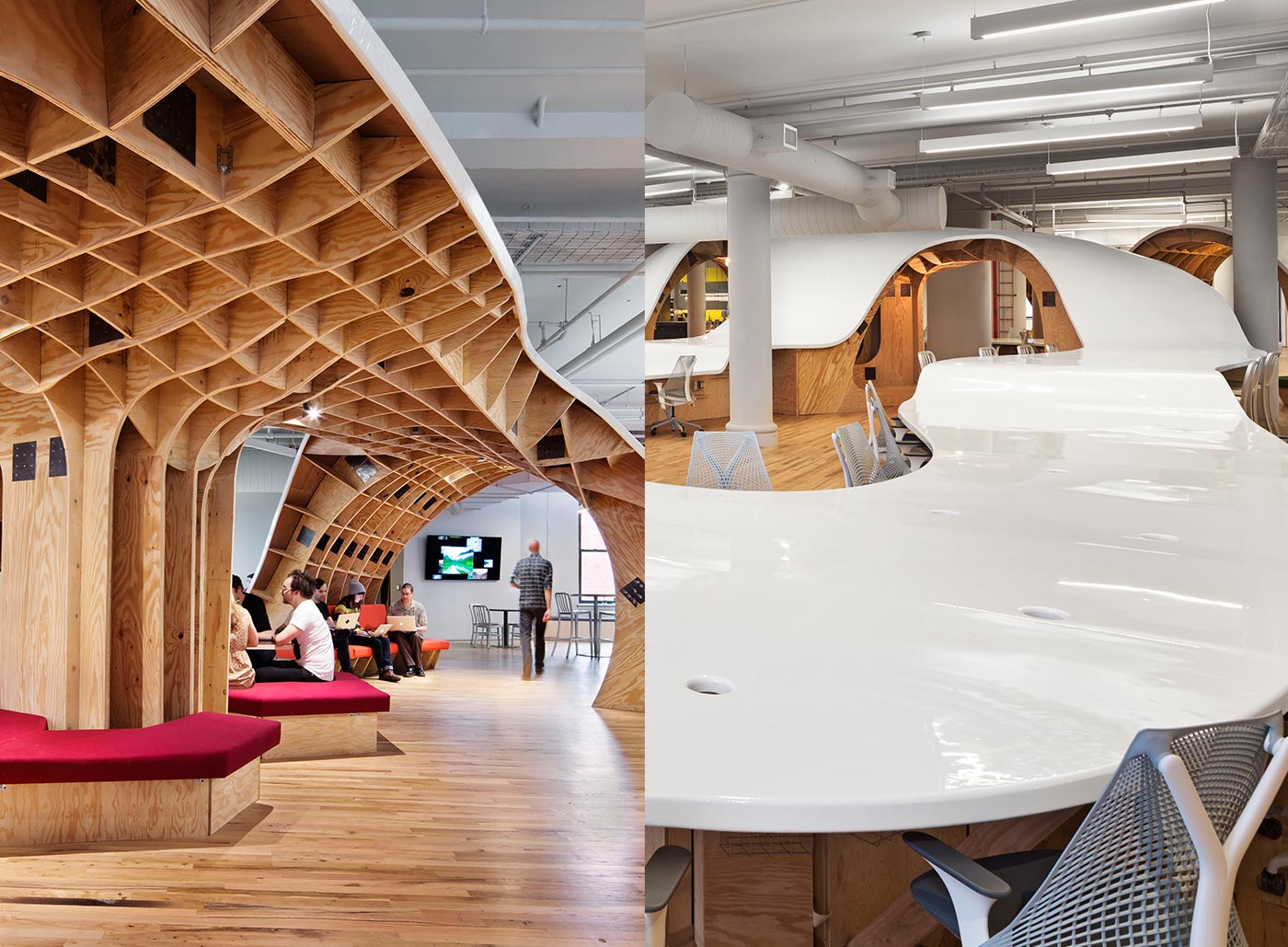 <strong>THE BARBARIAN GROUP: NEW YORK CITY |</strong> <span lang="DE">Die Büroräume dieser Marketingfirma werden durch eine Skulptur aus Sperrholz und Harz definiert, die durch ihre Drehungen und Ausformungen Büroräume, Regalbereiche und Besprechungszonen entstehen lässt</span>