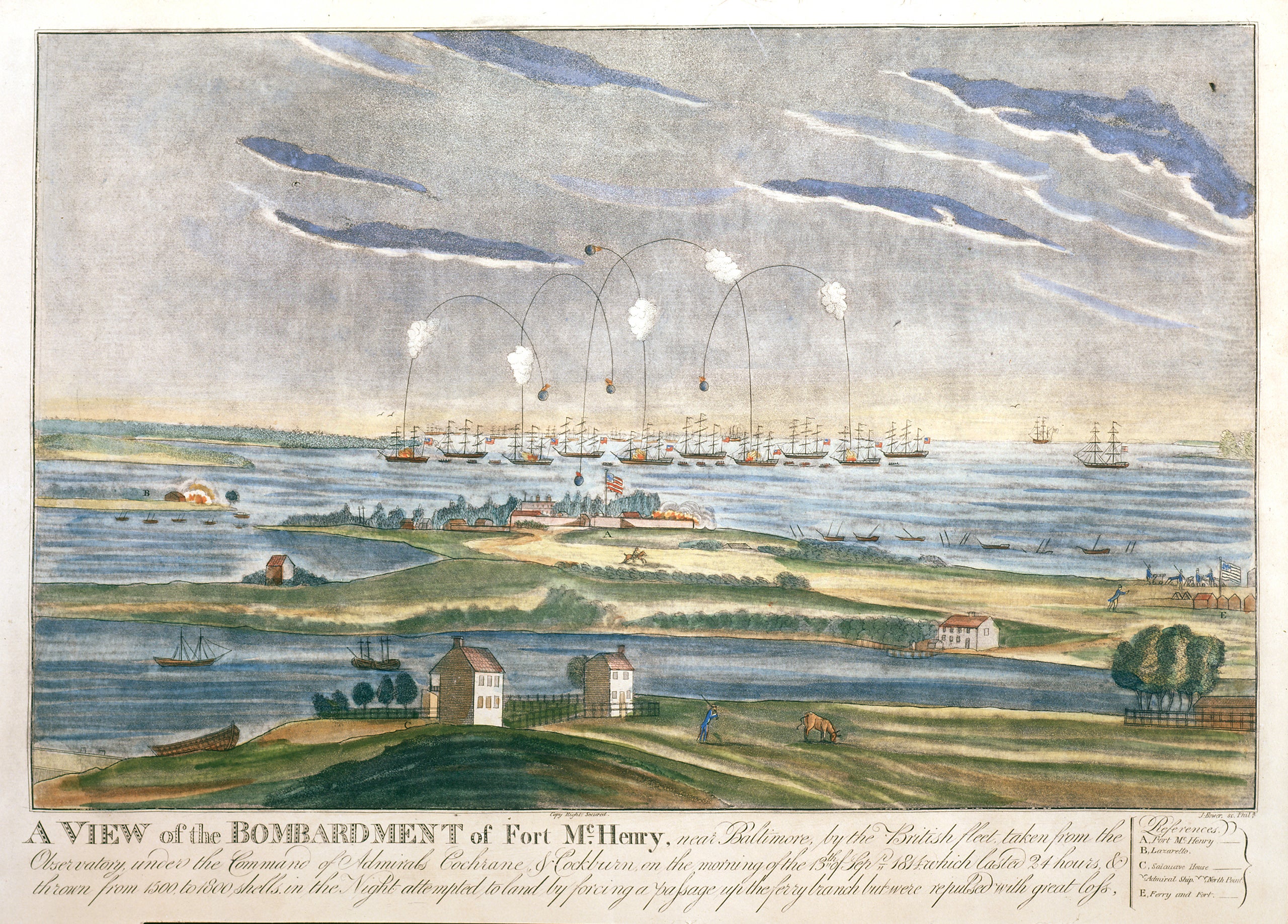                             John Bowers legendäres Bild „A View of the Bombardment of Fort McHenry“ wurde 1814 fertiggestellt und zeigt die Flagge, nach wie vor gehisst, während der Schlacht zwischen den Vereinigten Staaten und dem Vereinigten Königreich am 13. September desselben Jahres