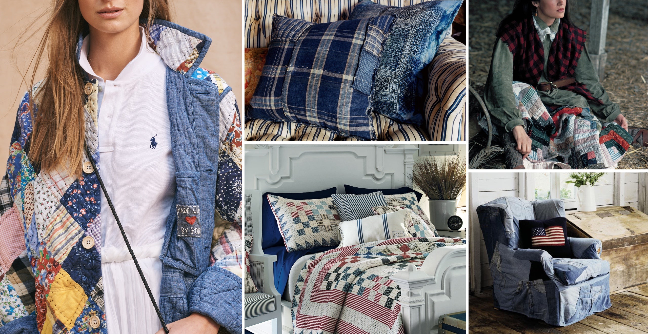 Ralph Lauren zollt dem Charme und der Handwerkskunst von Patchwork Tribut &ndash; mit Jacken, R&ouml;cken, Kissen, Tagesdecken sowie einem Sessel, der mit einem Patchwork aus Vintage-Bluejeans bedeckt ist