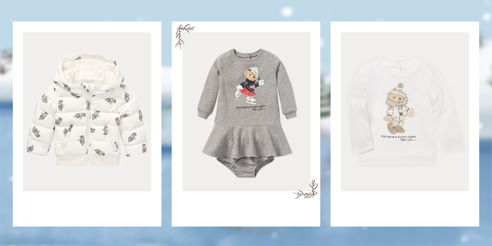 White down coat with allover pattern of winter Polo Bear. Red sweater with skiing Polo Bear at the front. Long-sleeve tee dress with ice-skating Polo Bear at the front.