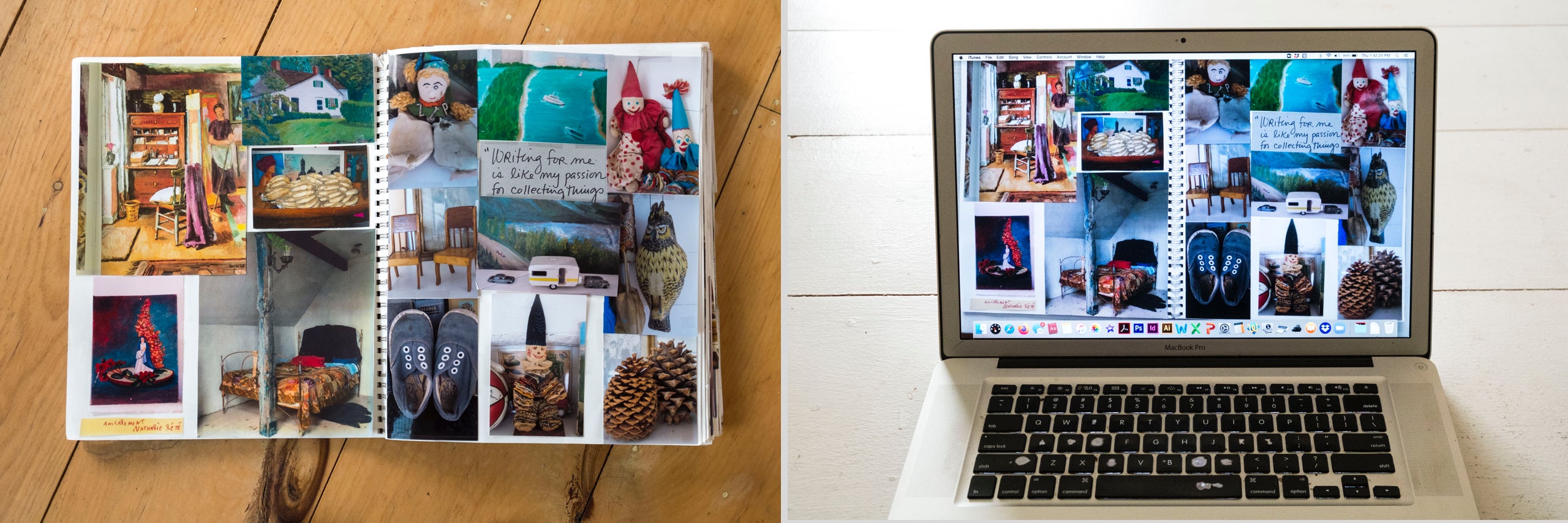 Ein Skizzenheft eines Flohmarktsammlers mit gefundenen Sch&auml;tzen als Collage eines &uuml;bergro&szlig;en Skizzenhefts. (Raten Sie von wem?); Schaffen Sie eine digitale Collage und speichern Sie sie auf Ihrem Computer. Personalisieren Sie sie mit handschriftlichen Notizen und &auml;ndern Sie sie oft