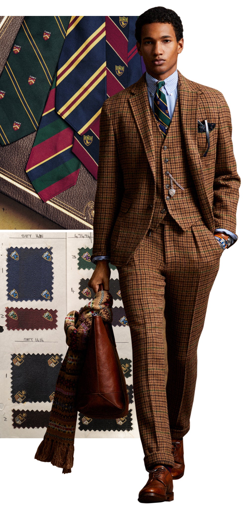 <strong>AUF DER RIPSWELLE</strong><br/><span>Der Autor beim Genie&szlig;en einer Tasse Ralph&rsquo;s Coffee, eine Auswahl von gestreiften Ripskrawatten und Modellen mit Wappen, ein Look mit den Polo Originals dieser Saison und eine Musterkarte einer englischen Weberei, in der seit vielen Jahren die Ripskrawatten von Polo gewebt werden </span>