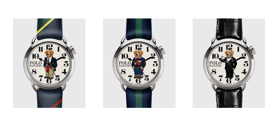 Watch with Preppy Bear on the face. Watch with Flag Bear on the face. Watch with Martini Bear on the face.