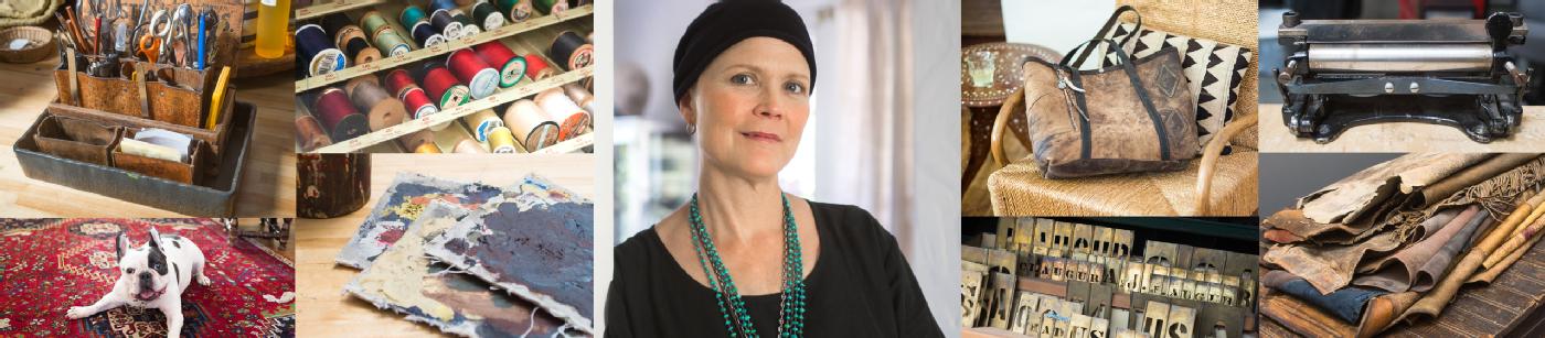                             Judy Augur mit ihrem Handwerkszeug (und einem vierbeinigen Assistenten)