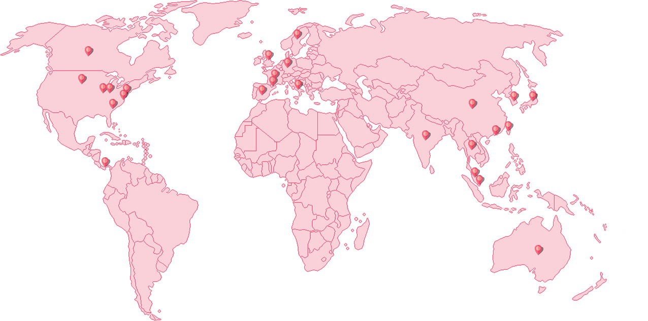 Pink map of the world with pins marking the global beneficiaries