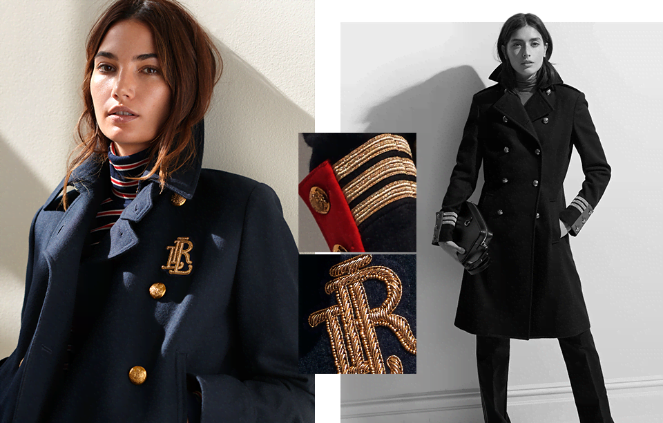 Model in navy coat with gold buttons & LRL bullion embroidery