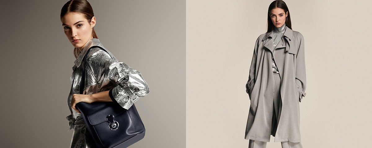 Model in long-sleeve metallic sheath dress & jacket